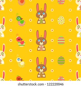 Easter seamless pattern with cute cartoon rabbits and birds on a yellow background. vector illustration