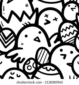 Easter seamless pattern with cute cartoon chicks on a white background. Painted eggs print. Holiday doodle wallpaper.