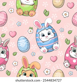 Easter seamless pattern with cute cartoon bunnies in the eggs. Holiday vector illustration on a pink background.