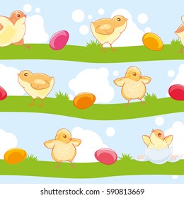 Easter seamless pattern with cute cartoon chickens and colored eggs on the background of lawn and sky.