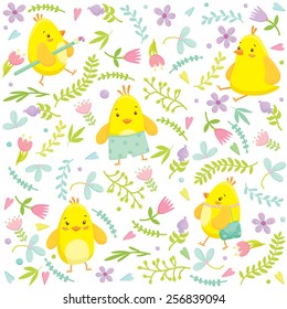 Easter seamless pattern with cute chicken cartoon characters and floral elements. Vector illustration.