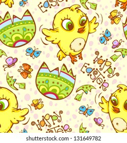 Easter seamless pattern of cute chickens hatched out easter eggs. Bright easter background.
