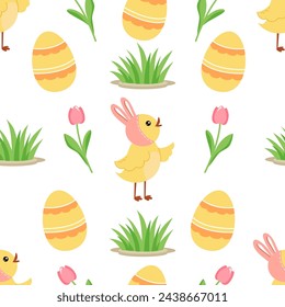 Easter seamless pattern with cute chickens, eggs, tulips and grass on white background. Festive bright background for printing on packaging, fabric, paper and other surfaces.