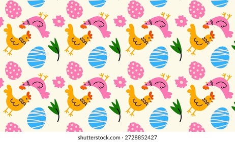 Nahtloses Ostermuster mit niedlichen Hühnern und Federelementen. Verspielte Cartoon-Hühner, Eier und festliche Details im gemütlichen Retro-Stil, perfekt für saisonale Designs.
