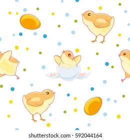 Easter seamless pattern with cute chickens and valuewise from the egg the chick on the background of colored confetti. Fabric design, Wallpaper, kids decor.