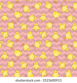 Easter seamless pattern with cute chicks on a zig zag background. Good for wrapping. Vector illustration.