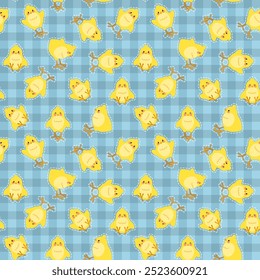 Easter seamless pattern with cute chicks on a checkered background. Good for wrapping. Vector illustration.