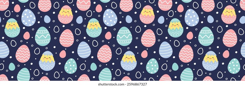 Easter seamless pattern with cute chicks and eggs. Colourful background in cartoon style. Vector illustration.