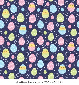 Easter seamless pattern with cute chicks and eggs. Colourful background in cartoon style. Vector illustration.