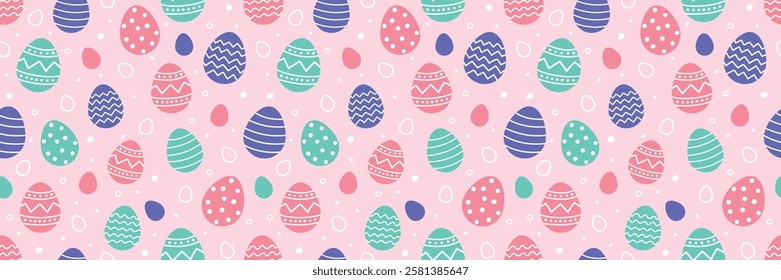 Easter seamless pattern with cute decorated eggs. Colourful background in cartoon style. Vector illustration.
