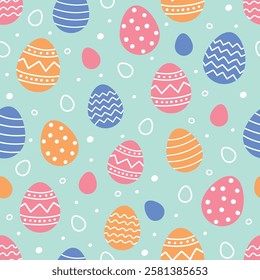 Easter seamless pattern with cute decorated eggs. Colourful background in cartoon style. Vector illustration.