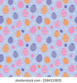 Easter seamless pattern with cute decorated eggs. Colourful background in cartoon style. Vector illustration.
