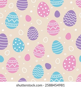 Easter seamless pattern with cute decorated eggs. Colourful background in cartoon style. Vector illustration.