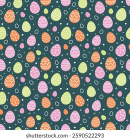 Easter seamless pattern with cute decorated eggs. Colourful background in cartoon style. Vector illustration.
