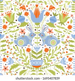 Easter seamless pattern with cute decorative bunnies, flowers and leaves. Folk motif. Texture for textile, postcard, wrapping paper, packaging etc. Vector illustration.