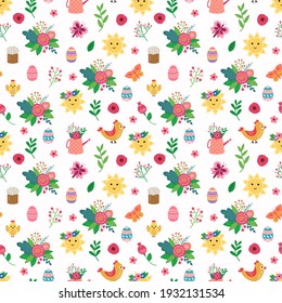 Easter seamless pattern. Cute flowers, suns, birds, eggs and Easter cake. Endless textures for your design.	
