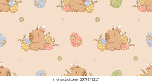 Easter Seamless pattern. Cute funny paschal Capybara with decorative Eggs on light beige background. Horizontal Holiday cartoon kawaii character animal backdrop. Vector illustration. Kids collection