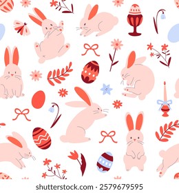 Easter seamless pattern with cute, funny rabbits, flowers, eggs. Suitable for wrappers, backgrounds, wallpapers, textiles