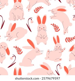 Easter seamless pattern with cute, funny rabbits in different poses with floral elements. Suitable for wrappers, backgrounds, wallpapers, textiles