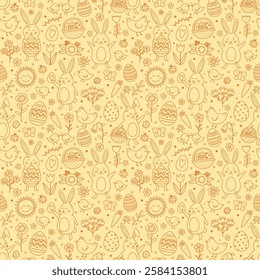 Easter seamless pattern with cute hand drawn bunny, eggs, chick and flower. Cartoon style background. Vector illustration