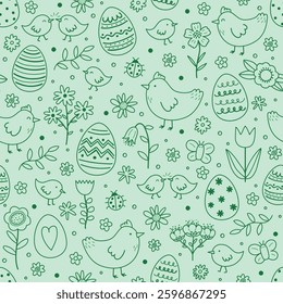 Easter seamless pattern with cute hand drawn eggs, chicks and flowers. Cartoon style background. Vector illustration