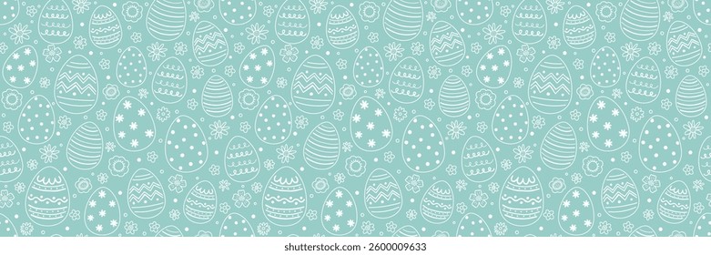 Easter seamless pattern with cute hand drawn eggs and flowers. Cartoon style background. Vector illustration