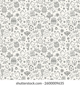 Easter seamless pattern with cute hand drawn eggs, chicks and flowers. Cartoon style background. Vector illustration