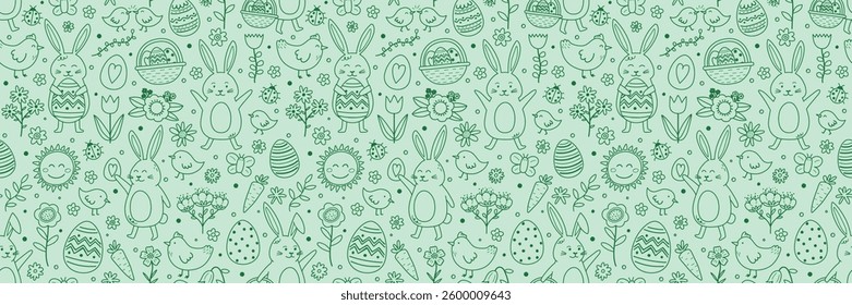 Easter seamless pattern with cute hand drawn bunny, eggs, chick and flower. Cartoon style background. Vector illustration