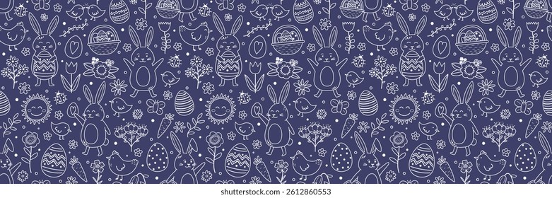 Easter seamless pattern with cute hand drawn bunny, eggs, chick and flower. Cartoon style background. Vector illustration