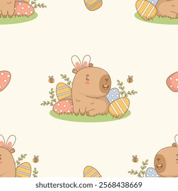 Easter Seamless pattern. Cute happy Capybara Bunny with decorative Eggs on light background. Holiday cartoon kawaii character. Vector illustration. Kids collection