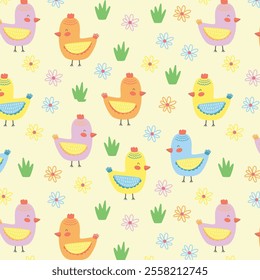 Easter seamless pattern with cute hen and flowers. Spring farm background. Vector spring illustration for prints, fabric, wallpaper, wrapping and decor.