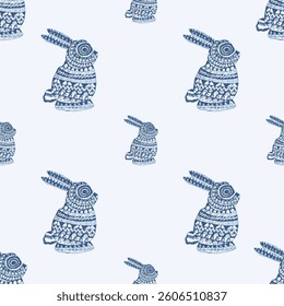 Easter seamless pattern with cute indigo blue big and small rabbits textured background pattern design for textiles, wallpapers.
