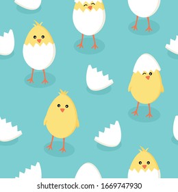 Easter seamless pattern with cute little yellow chicks in cracked eggs and egg shell on blue green background. Vector design for kids fabric, wallpaper, backgrounds, wrapping paper, package, covers