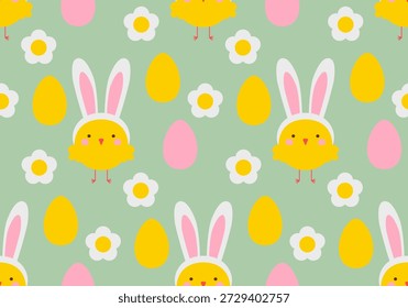 Patrón sin fisuras de Pascua. Patrón sin fisuras con pollitos lindos, huevos de Pascua y flores. Patrón sin fisuras con lindos pollitos de Pascua
