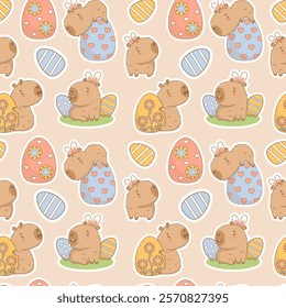 Easter Seamless pattern. Cute paschal Capybara sticker with decorative Eggs on light brown background. Holiday cartoon kawaii animal backdrop. Vector illustration. Kids collection