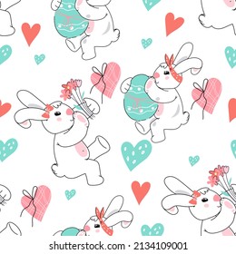 Easter Seamless pattern with cute rabbit, eggs and pink hearts. Decorative repeatable background for easter holiday prints, vector hand drawn illustration on white.