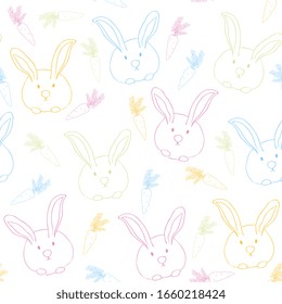 easter seamless pattern. Cute rabbits, easter eggs and carrots, neon color, outline, sketch. Hand drawing, festive background.