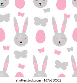 Easter seamless pattern. Cute rabbits, butterflies, eggs. Vector illustration.