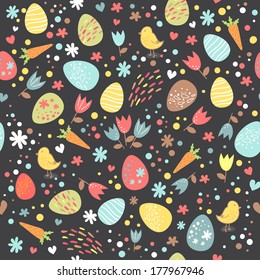 Easter seamless pattern. Cute Easter rabbits with a basket full of Easter eggs. Vector background.