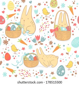 Easter seamless pattern. Cute Easter rabbits with a basket full of Easter eggs. Vector background.