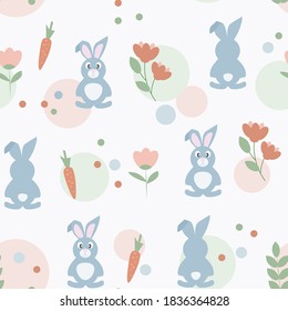 Easter seamless pattern with the cute rabbits. 
Summer background with hares, carrots and flowers. For paper, covers, fabric, gift wrapping
