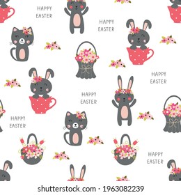 Easter seamless pattern with cute rabbits, cats and basket of flowers