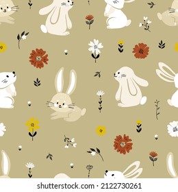 Easter. Seamless pattern with cute rabbits, flowers and herbs. Funny cartoon vector  in scandinavian style.  Simple childish style for kids. Delicate cute texture. All elements are  hidden under mask.