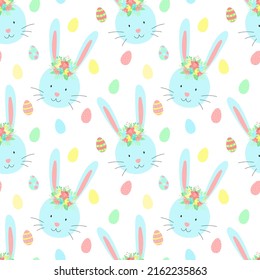 Easter seamless pattern with cute rabbits, eggs and flowers on a transparent background. Vector hand-drawn illustration of bunny for spring holiday, print, wrapping paper, textile, child, scrapbook