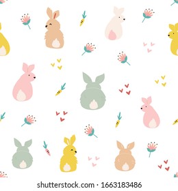 Easter seamless pattern with cute smiling rabbits. Vector illustration for greetings, wrapping paper, fabric, decoration, holiday cards