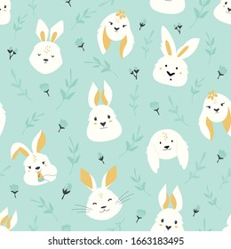 Easter seamless pattern with cute smiling rabbits. Vector illustration for greetings, wrapping paper, fabric, decoration, holiday cards