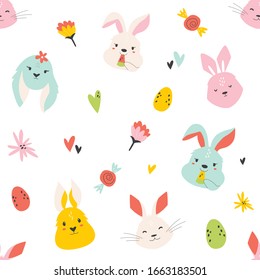 Easter seamless pattern with cute smiling rabbits. Vector illustration for greetings, wrapping paper, fabric, decoration, holiday cards