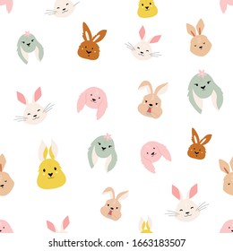 Easter seamless pattern with cute smiling rabbits. Vector illustration for greetings, wrapping paper, fabric, decoration, holiday cards