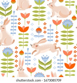 Easter seamless pattern with cute various bunnies, flowers and leaves. Texture for textile, postcard, wrapping paper, packaging etc. Vector illustration.