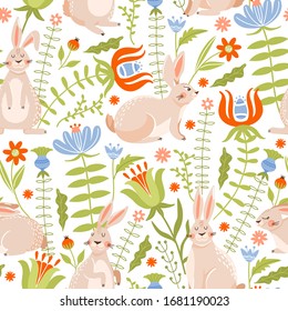 Easter seamless pattern with cute various bunnies, flowers and leaves. Texture for textile, postcard, wrapping paper, packaging etc. Vector illustration.